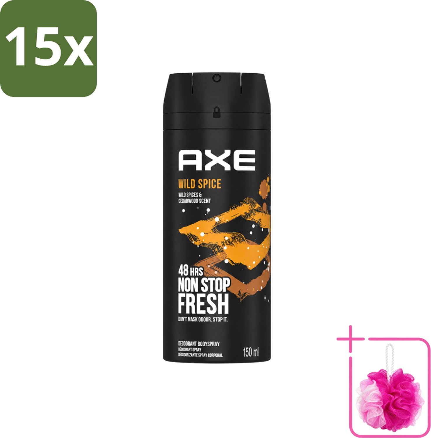 15 x Axe - Deodorant Bodyspray - 48hrs Non Stop Fresh - Wild Spice - Wild Spices & Cedarwood - 150 ml - Bulkverpakking - Deodorant - Douchemop - Bodyspray