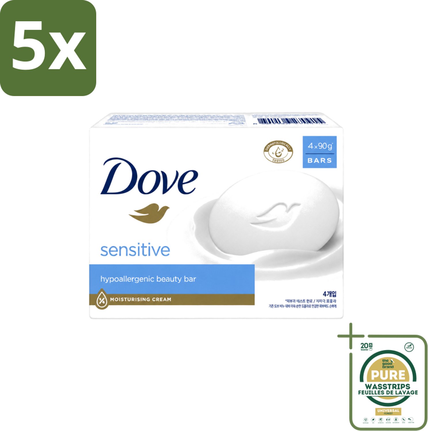 5 x Dove Zeep - Sensitive 4 x 90 gr. - Wasstrips - Gevoelige Huid - Zeep Voor Gevoelige Huid - Milde Zeep - Zeep Voor Handen - Zeep Voor Lichaam