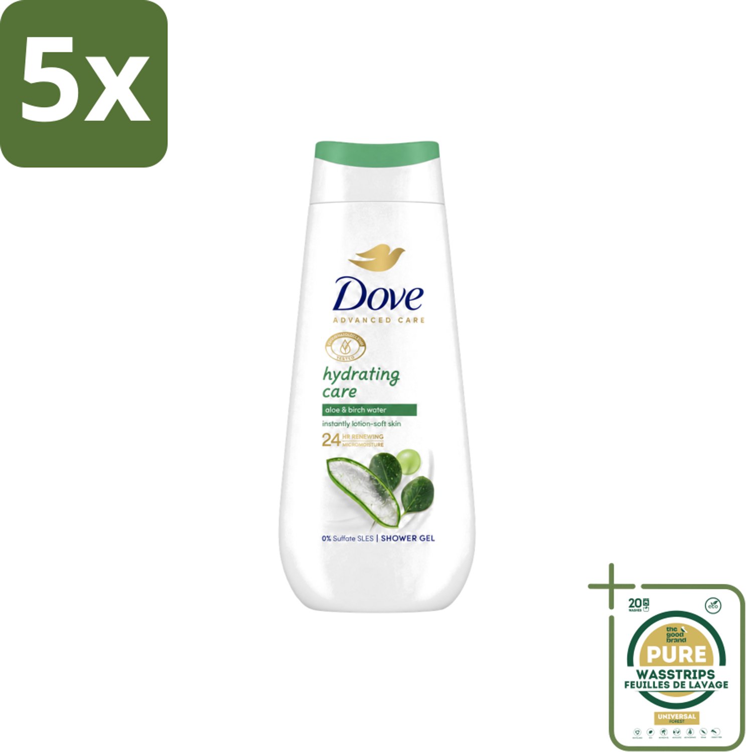 5 x Dove – Douchecrème – Hydrating Care – 225 ml - Wasstrips - Douchecrème - Hydratatie - Droge Huid - Aloë Vera - Berkenwater