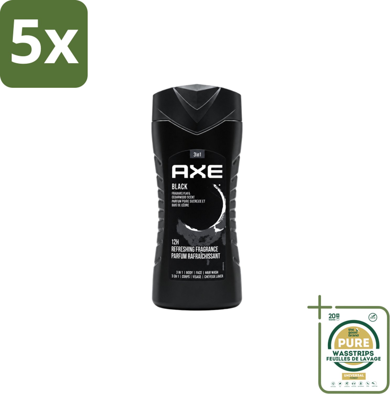 5 x Axe – Douchegel – Black – Houtachtig & Fris - 250 ml - Wasstrips - Douchegel - Frisheid - Mannelijke Geur - Cederhout - Peer