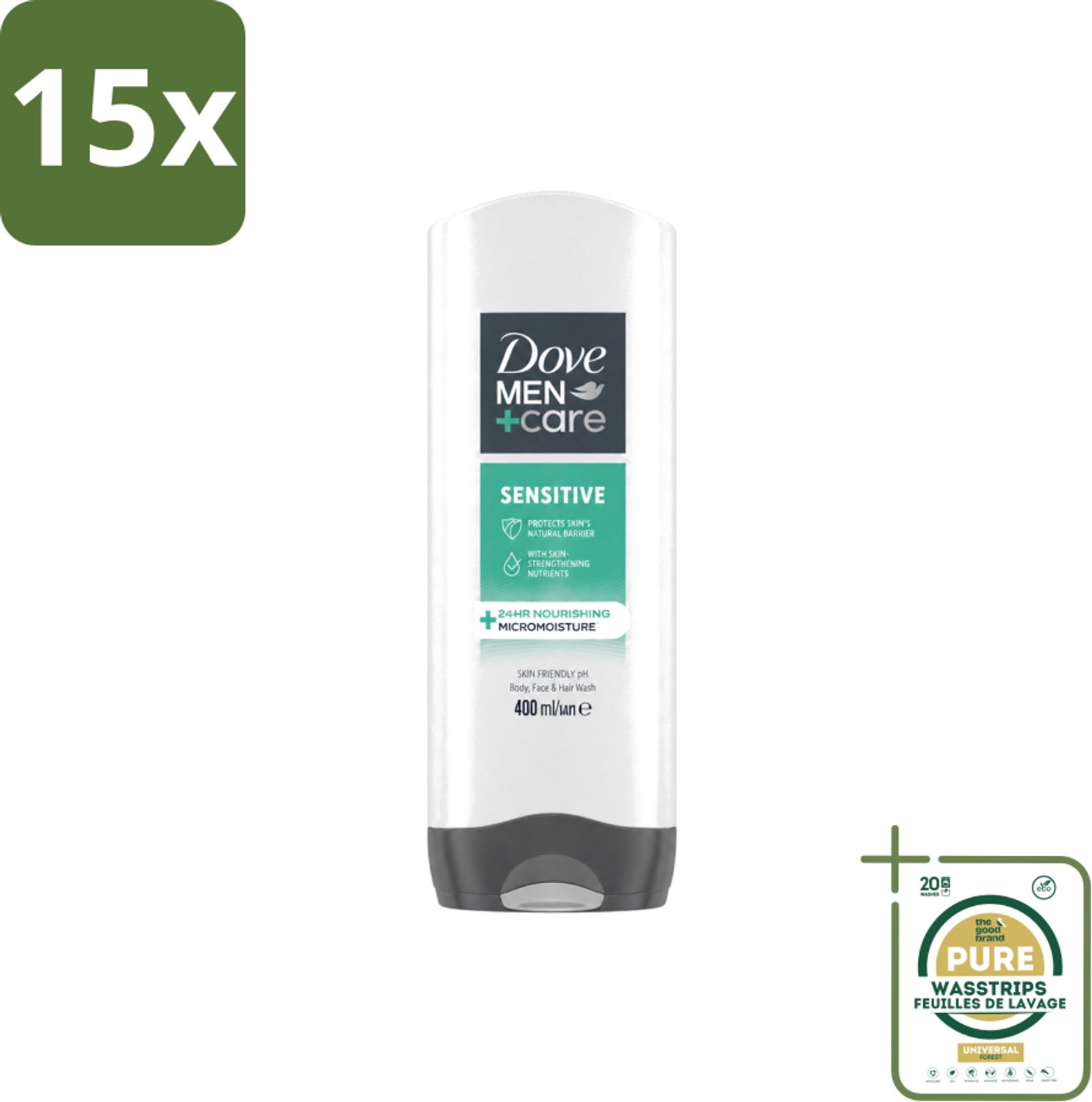 15 x Dove - Shower Gel - 3-in-1 - Men Care Sensitive - Verfrissend en zacht - 400 ml - Wasstrips - Douchegel Mannen - Gevoelige Huid - 3-in-1 Douchegel - Mannelijke Huid Verzorging - Zachte Douchegel