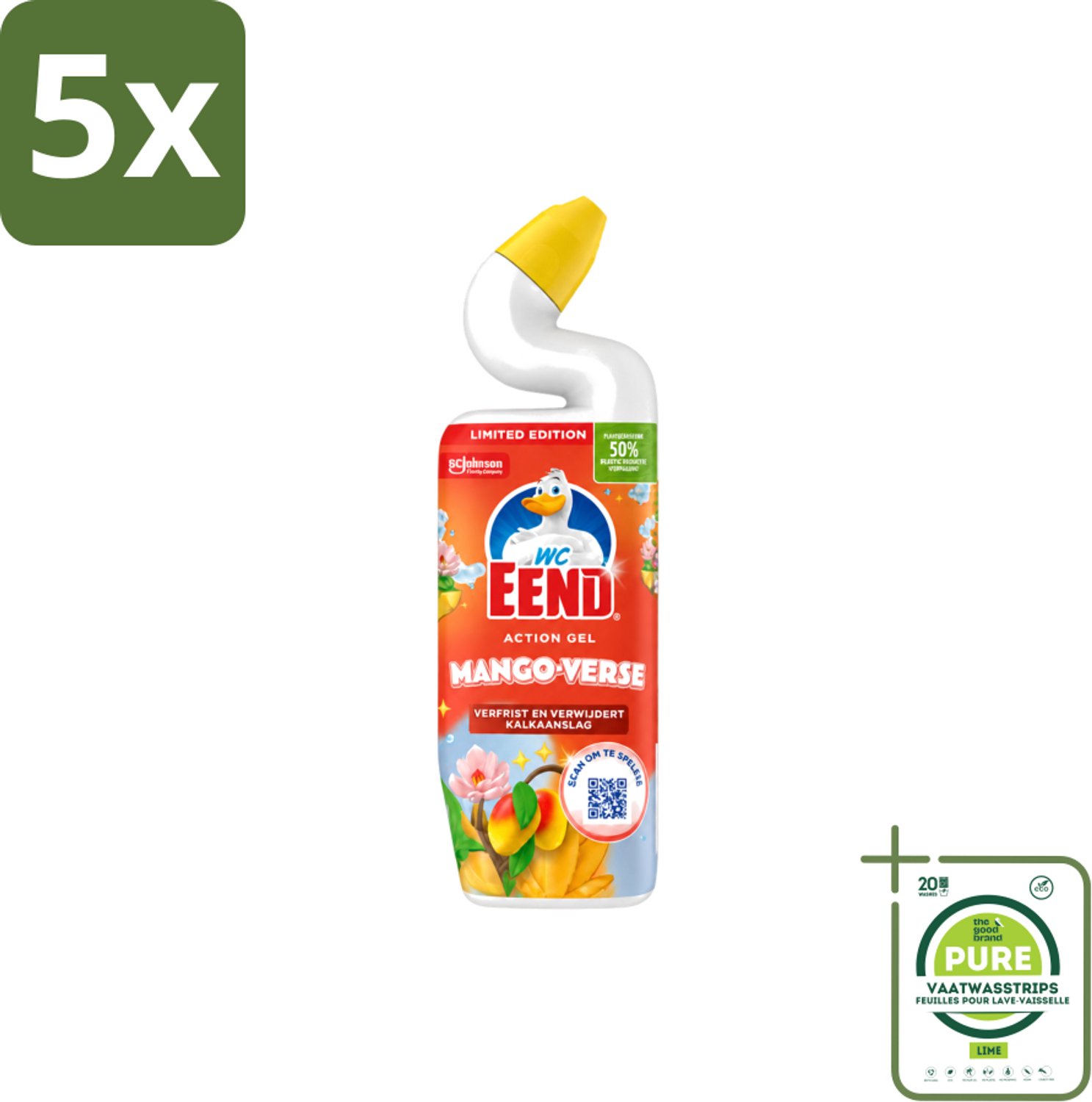 5 x WC Eend – Toiletgel – Action Gel Mango Fresh – 750 ml - Grootverpakking - Vaatwasstrips - Toiletreiniger - Wc Reinigen - Kalkaanslag Verwijderen - Toilet Schoonmaken - Toilet Hygiëne