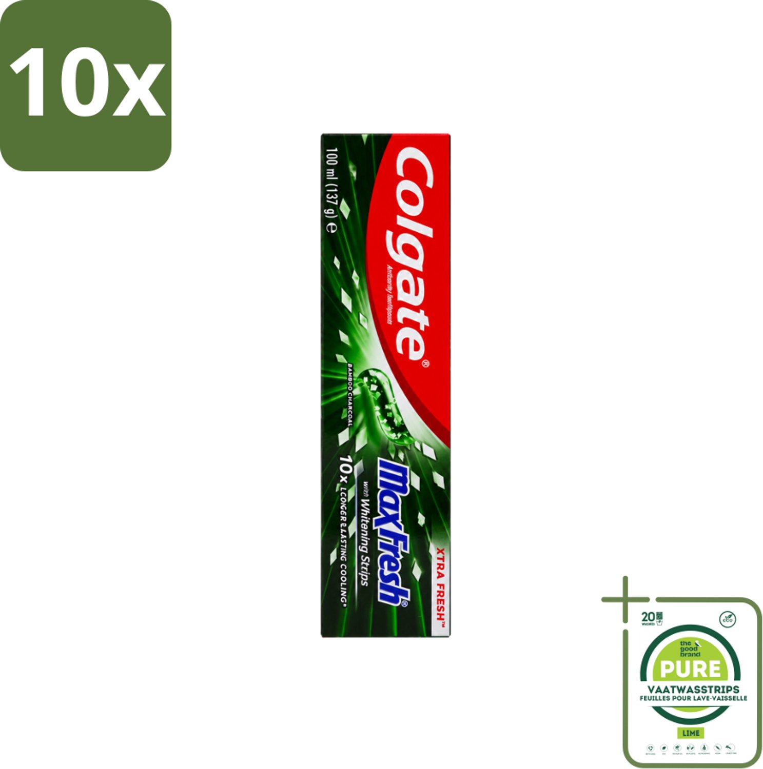 10 x Colgate – Tandpasta – MaxFresh Whitening Bamboo Charcoal – 100 ml - Grootverpakking - Vaatwasstrips - Tandpasta - Witter Maken - Frisse Adem - Bamboe-houtskool - Mondgezondheid