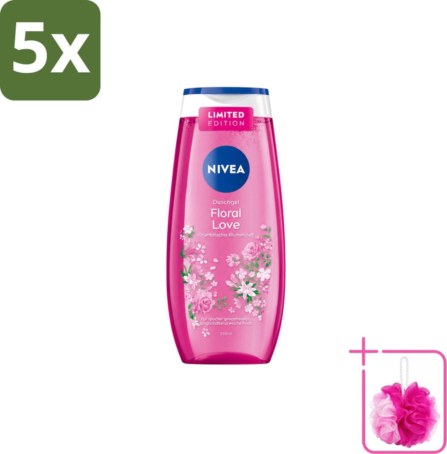 5 x Nivea – Douchegel – Floral Love – 250 ml - Bulkverpakking - Douchegel - Douchemop - Bloemige geur