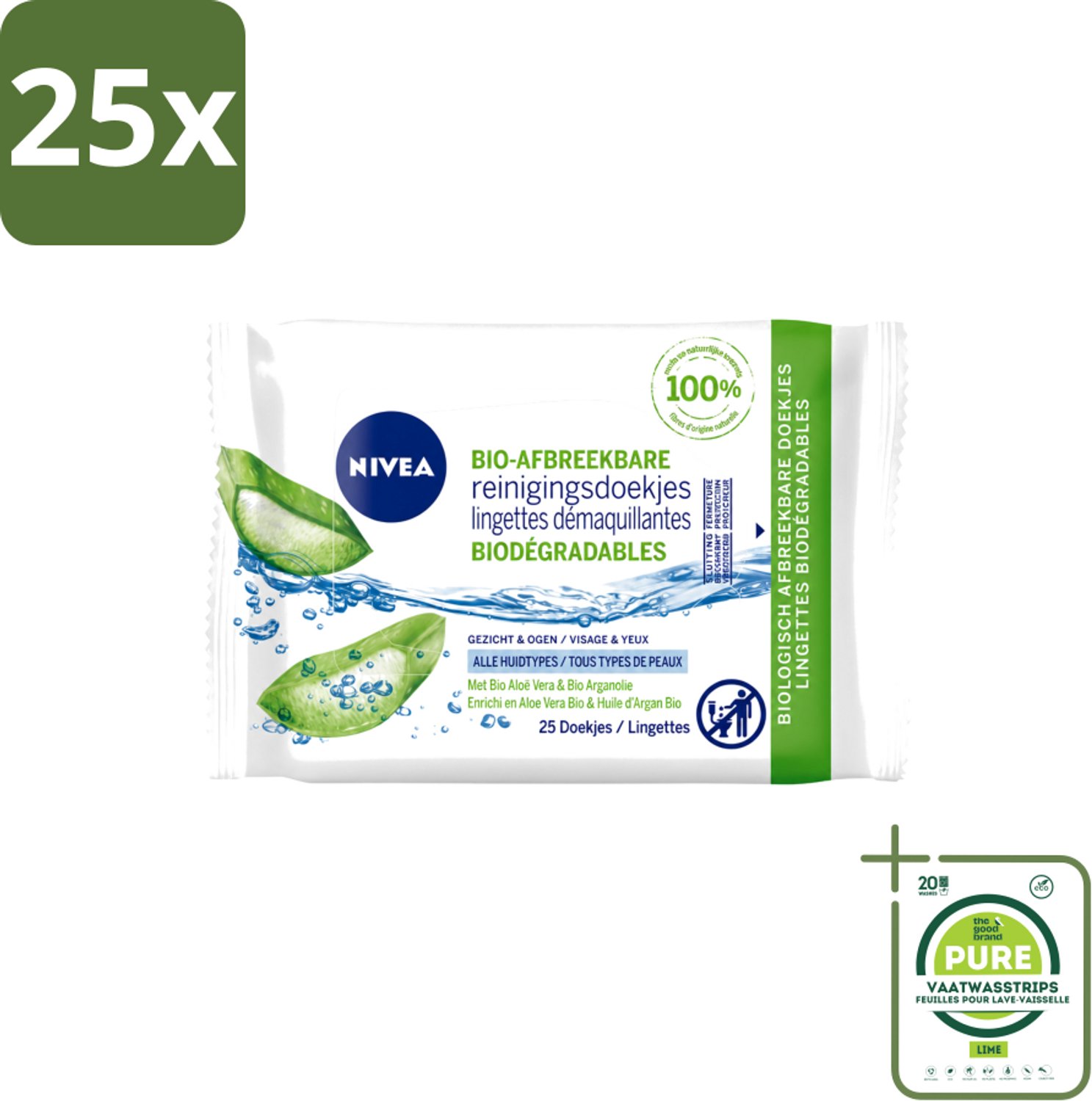 25 x Nivea – Reinigingsdoekjes – Bio Aloe Vera – 25 Doekjes - Grootverpakking - Vaatwasstrips - Reinigingsdoekjes - Gezichtsreiniging - Make-up Verwijderen - Oogmake-up Verwijderen - Aloë Vera