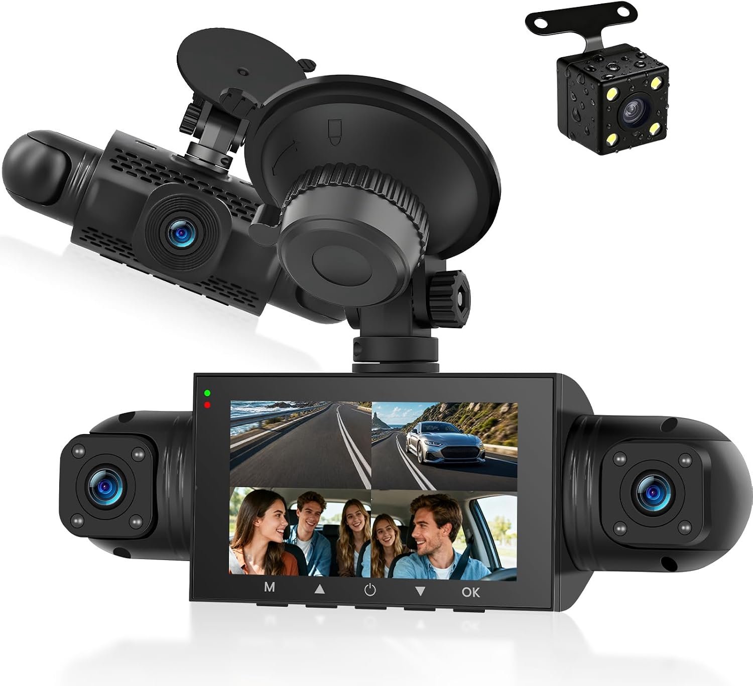 4-kanaals camera, voor+achter+binnen links+rechts, 1080P dashcam met APP-bediening, IR-nachtzicht, lusopname, G-sensor en parkeerhulp