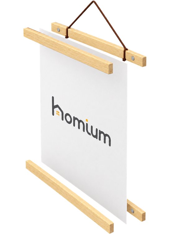 Houten posterhanger met magneten en het Homium logo op een wit vel.