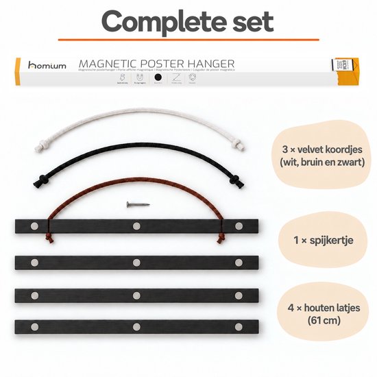 Complete set magnetische posterhanger met vier zwarte latten, een spijker en drie velvet koordjes.