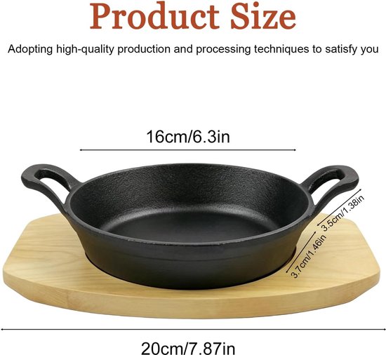 Gietijzeren serveerpan, set van 2, gietijzeren pan zonder coating met houten onderzetter en dubbele handgrepen, geschikt voor oven, inductie, gasfornuis, bijgerechten en ovengerechten — afbeelding 2