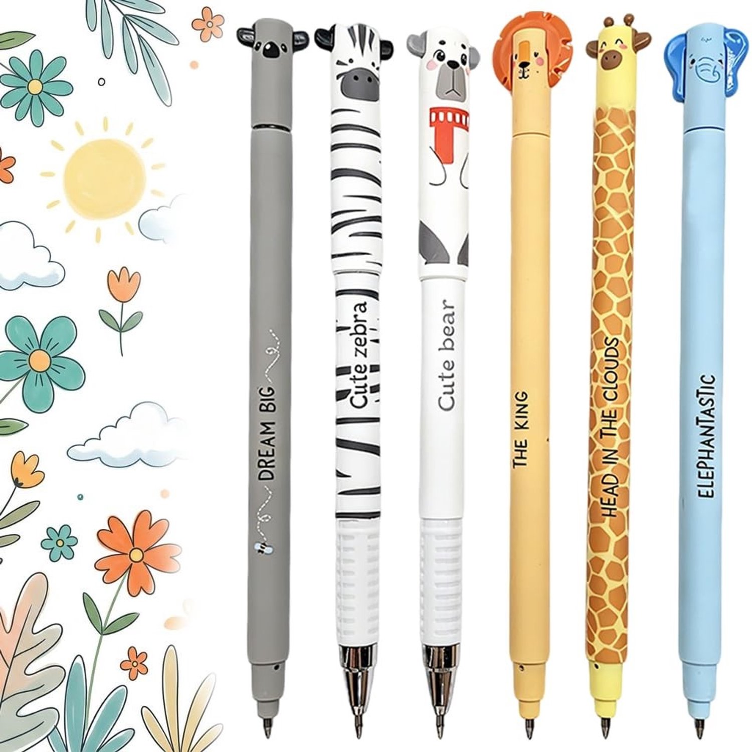 Set van 6 uitwisbare gelpennen - Dierenmotieven met gum