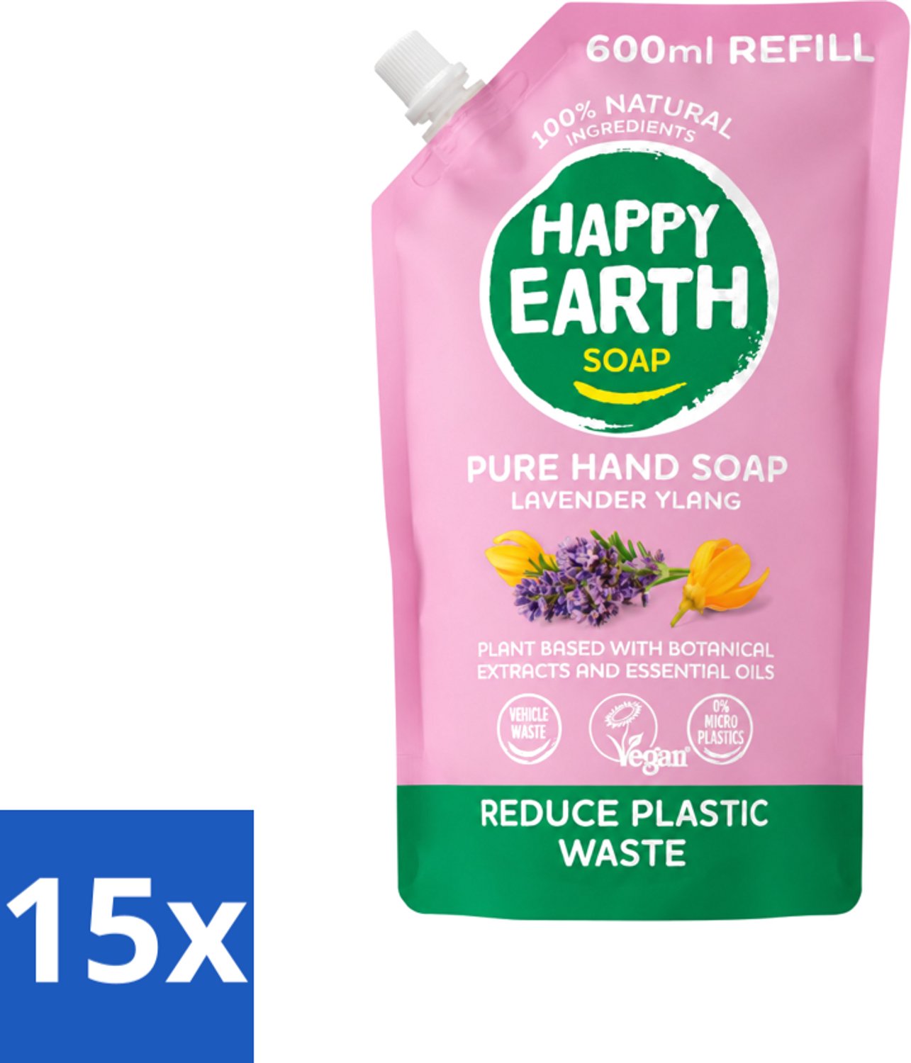 15 x Happy Earth – Handzeep Navulling – 100% Natuurlijk Lavender Ylang – 600 ml - Voordeelverpakking - 15 stuks