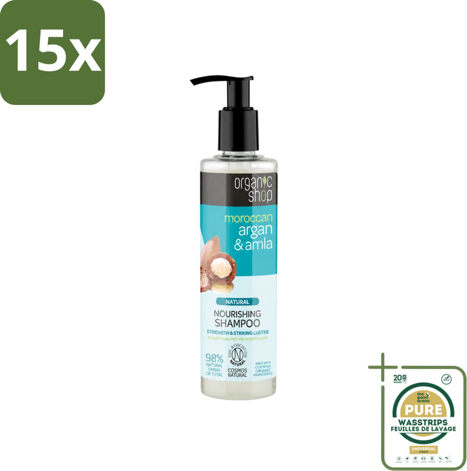 15 x Organic Shop - Natural Nourishing Shampoo - Argan Hair & Amla - Herstellend en Voedend - 280 ml - Wasstrips - Argan Haar Shampoo - Natuurlijke Haar Shampoo - Herstellende Haar Shampoo - Voedend Haar Shampoo - Beschadigd Haar Herstellen