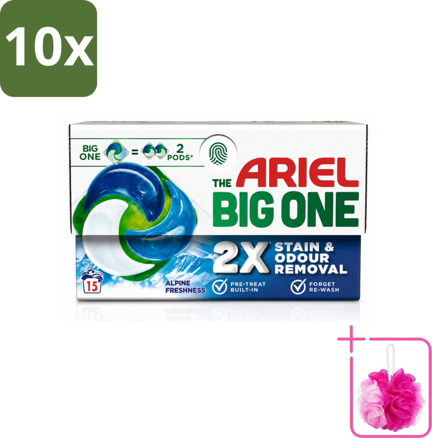 10 x Ariel - 3in1 Wasmiddel Pods - The Big One - Alpine - 15 Pods - Bulkverpakking - Wasmiddel - Douchemop - Wasmiddelpod