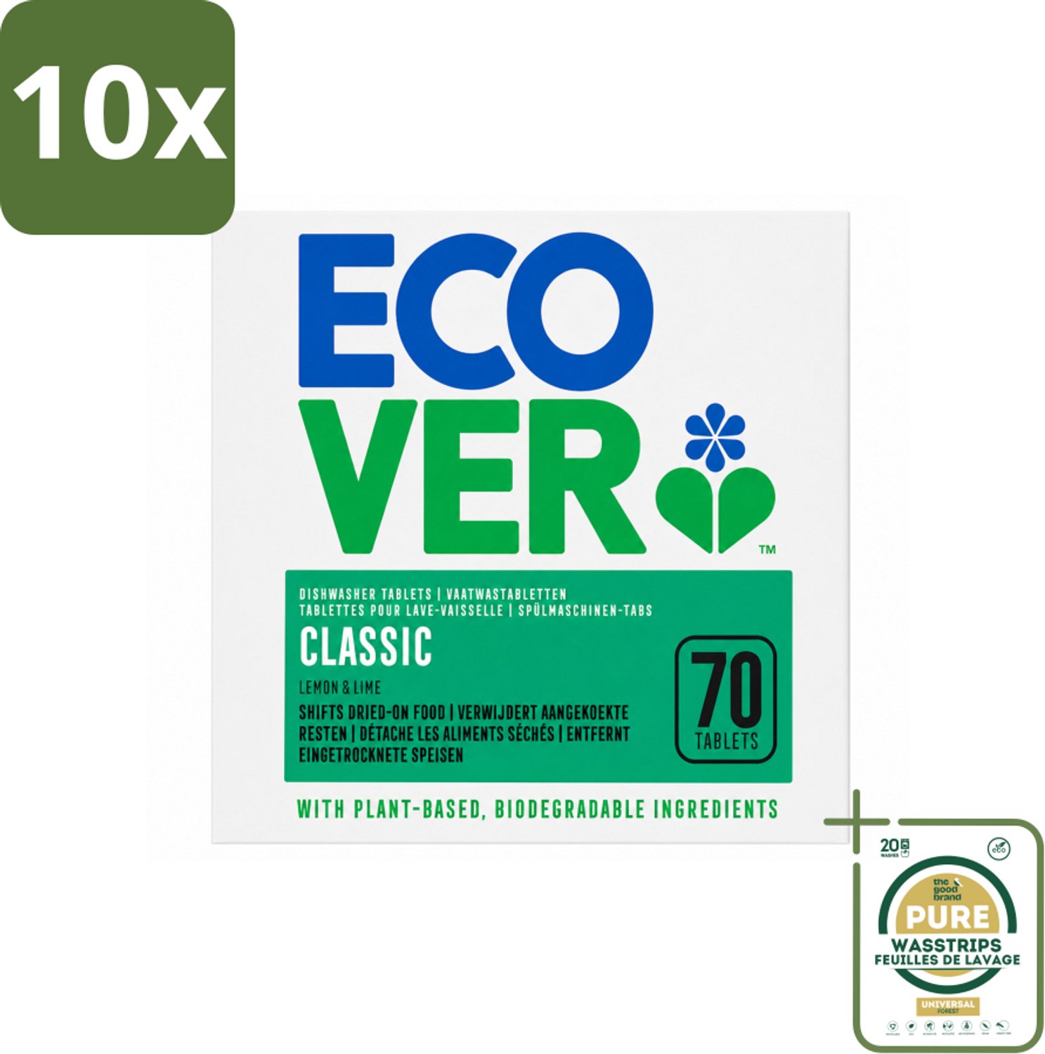10 x Ecover - Vaatwastabletten Classic - Citroen & Limoen - 70 Tabs - Wasstrips - Vaatwasmiddel - Vaatwastabletten - Citroen En Limoen - Milieuvriendelijk - Fosfaatvrij