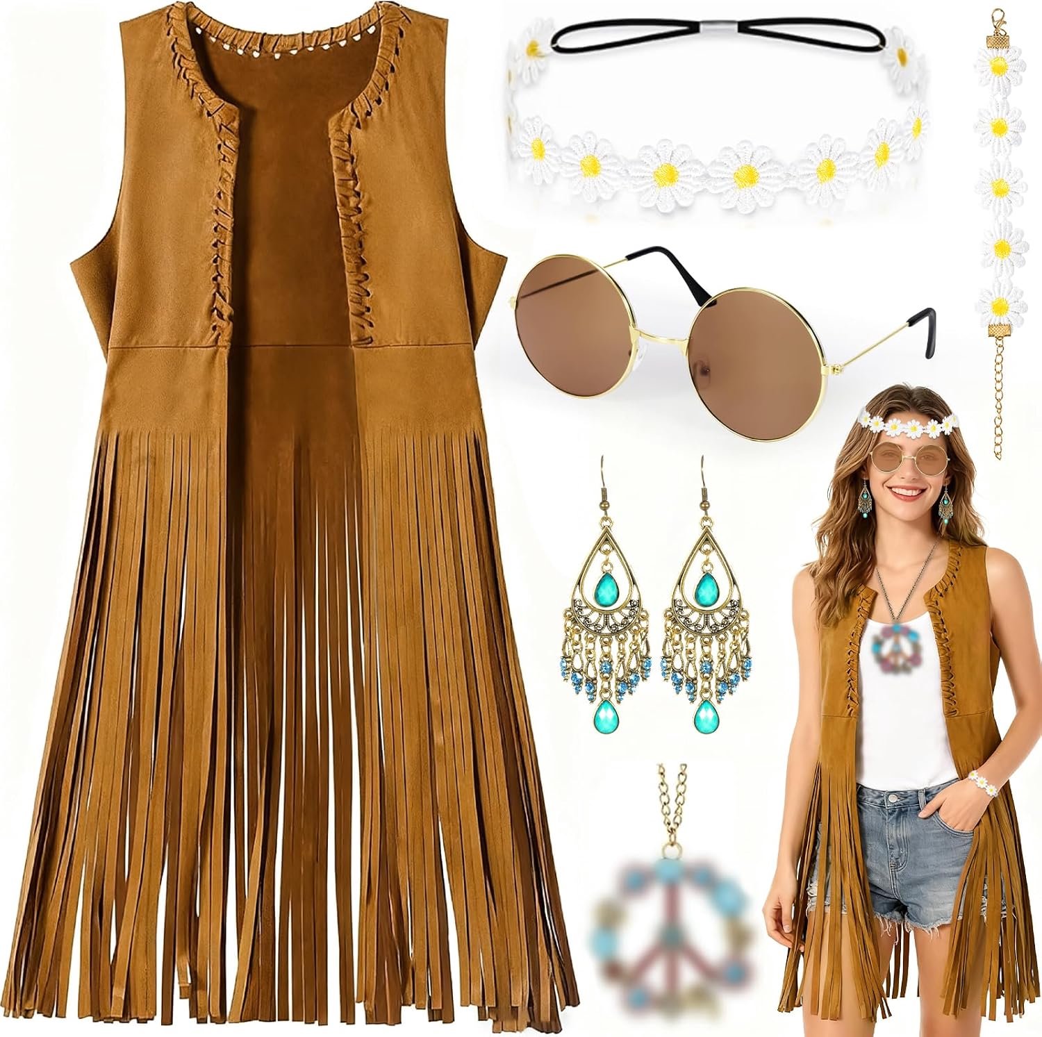 Kostuum Set voor Dames, Jaren 60/70 Outfit, Mouwloos Vest met Franjes, Hippie Kleding met Accessoires, Disco Outfit, Cowgirl Verkleedkostuum, Carnavalskostuum, Bruin (M)