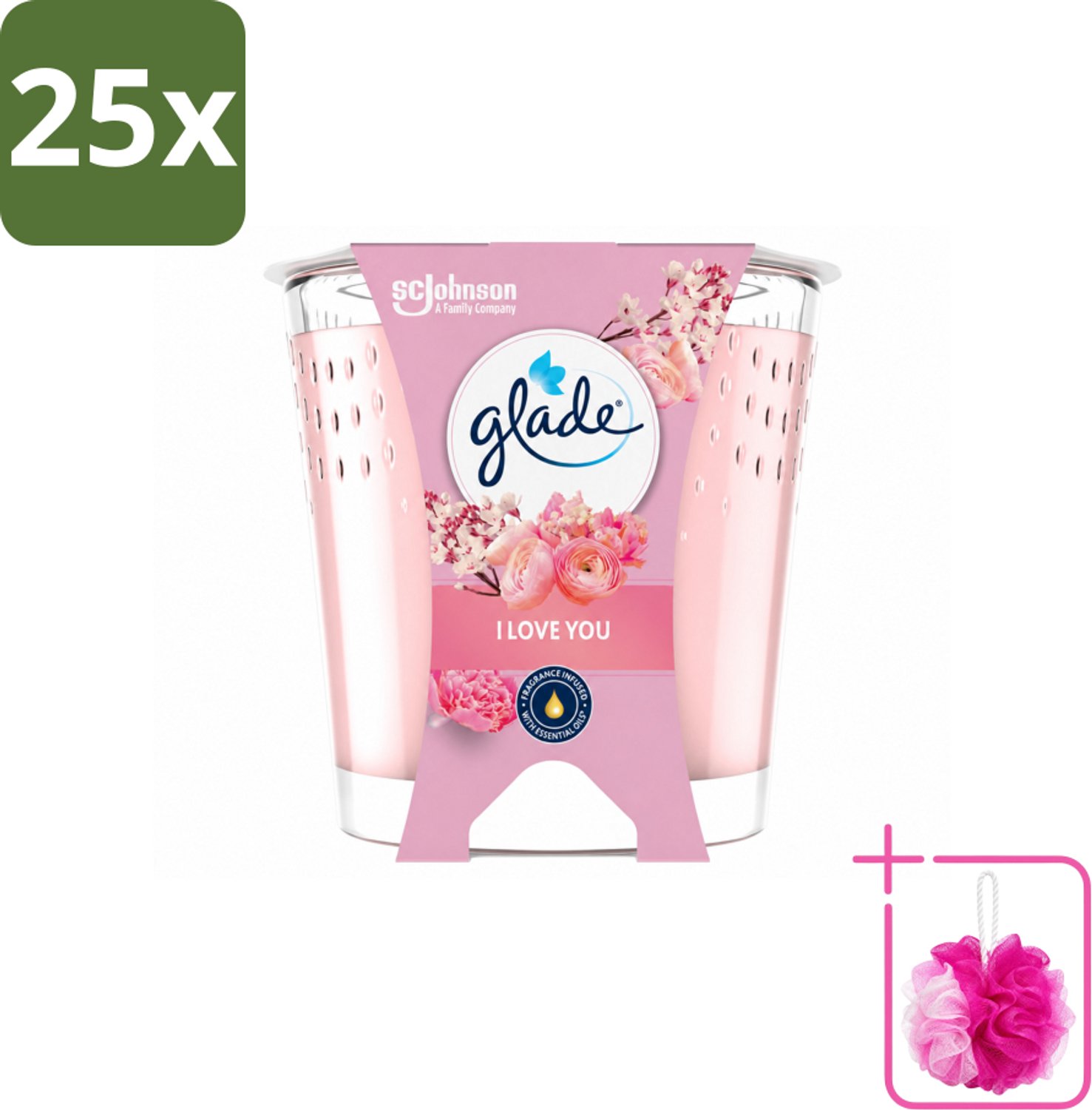25 x Glade - Geurkaars I Love You - 100% Raapzaadwas & Vegan - 112 g - Bulkverpakking - Geurkaars - Douchemop - Vegan