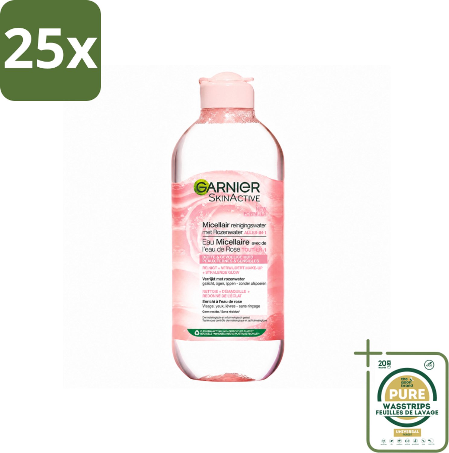 25 x Garnier - SkinActive - Micellair Reinigingswater - Rozenwater - Stralende Huid - 400 ml - Wasstrips - Micellair Reinigingswater - Rozenwater - Stralende Huid - Gezicht Reinigen - Make-up Verwijderen