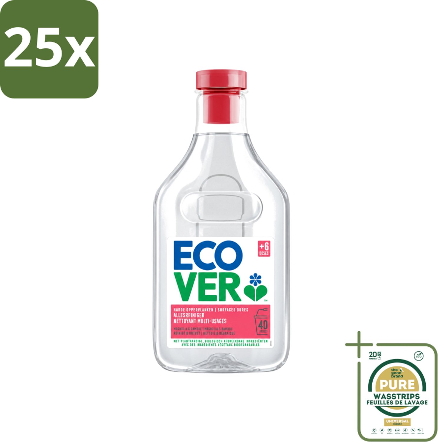 25 x Ecover - Allesreiniger - Magnolia & Bamboe - 1 liter - Wasstrips - Allesreiniger - Natuurlijke Reiniger - Plantaardige Reiniger - Ecologische Reiniger - Frisse Geur
