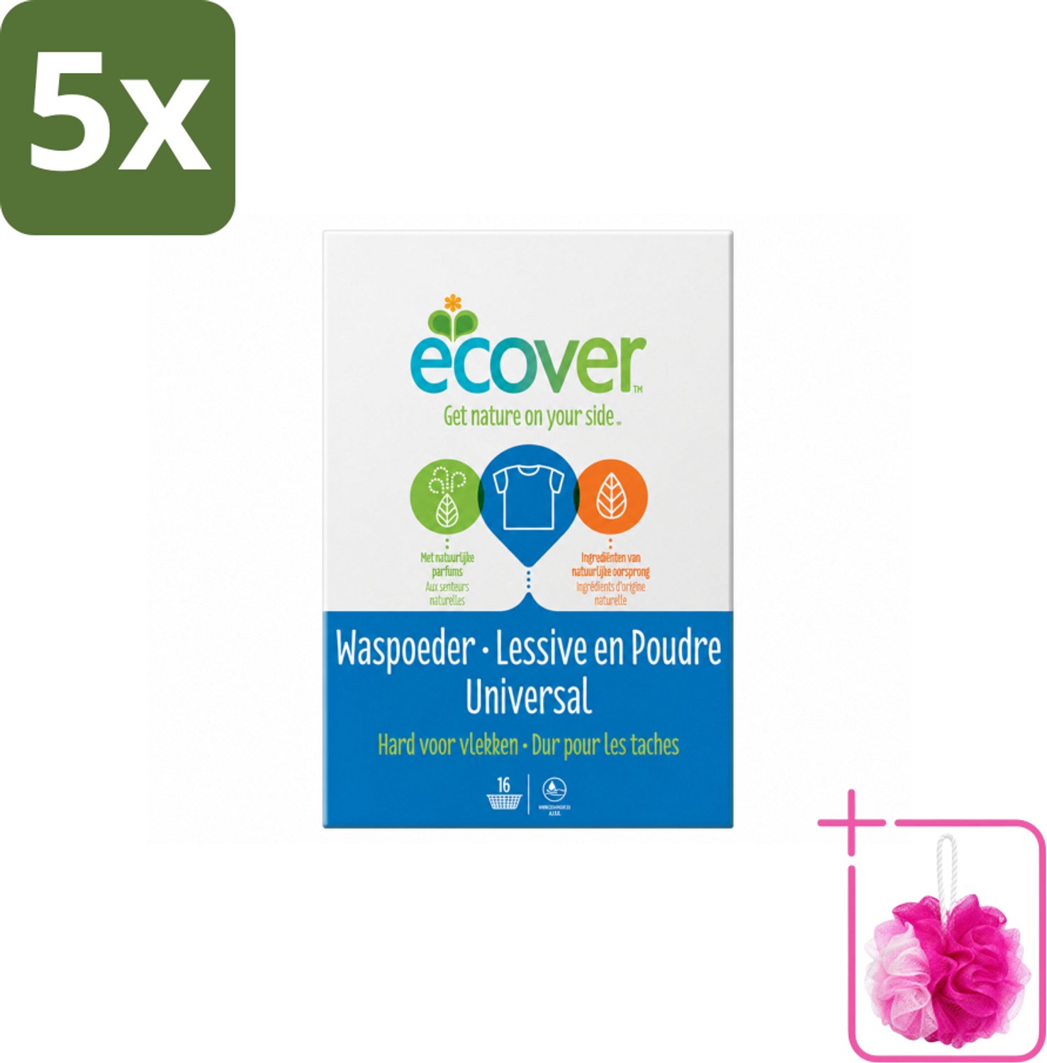 5 x Ecover - Waspoeder Universal - Voor witte & bonte was - 1,2 kg - Bulkverpakking - Waspoeder - Douchemop - Was