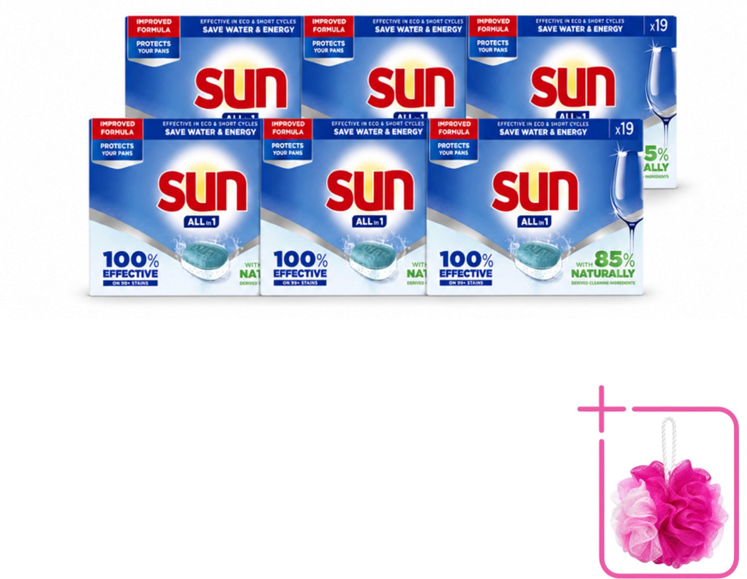 6 x Sun - Vaatwastabletten - All-in-1 Neutraal - 19 tabletten - Bulkverpakking - Vaatwasmiddel - Douchemop - Vaatwastablet