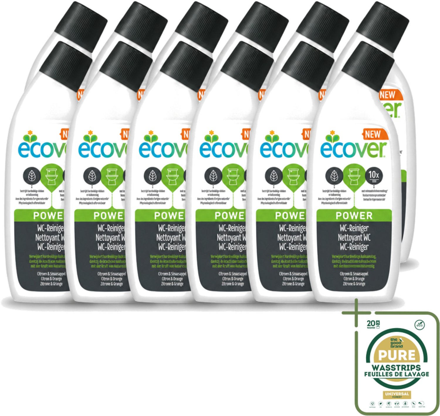 12 x Ecover - Toiletreiniger Power - 750 ml - Wasstrips - Toiletreiniger - Kalkaanslag - Ecologische Toiletreiniger - Krachtige Toiletreiniger - Plantaardige Toiletreiniger