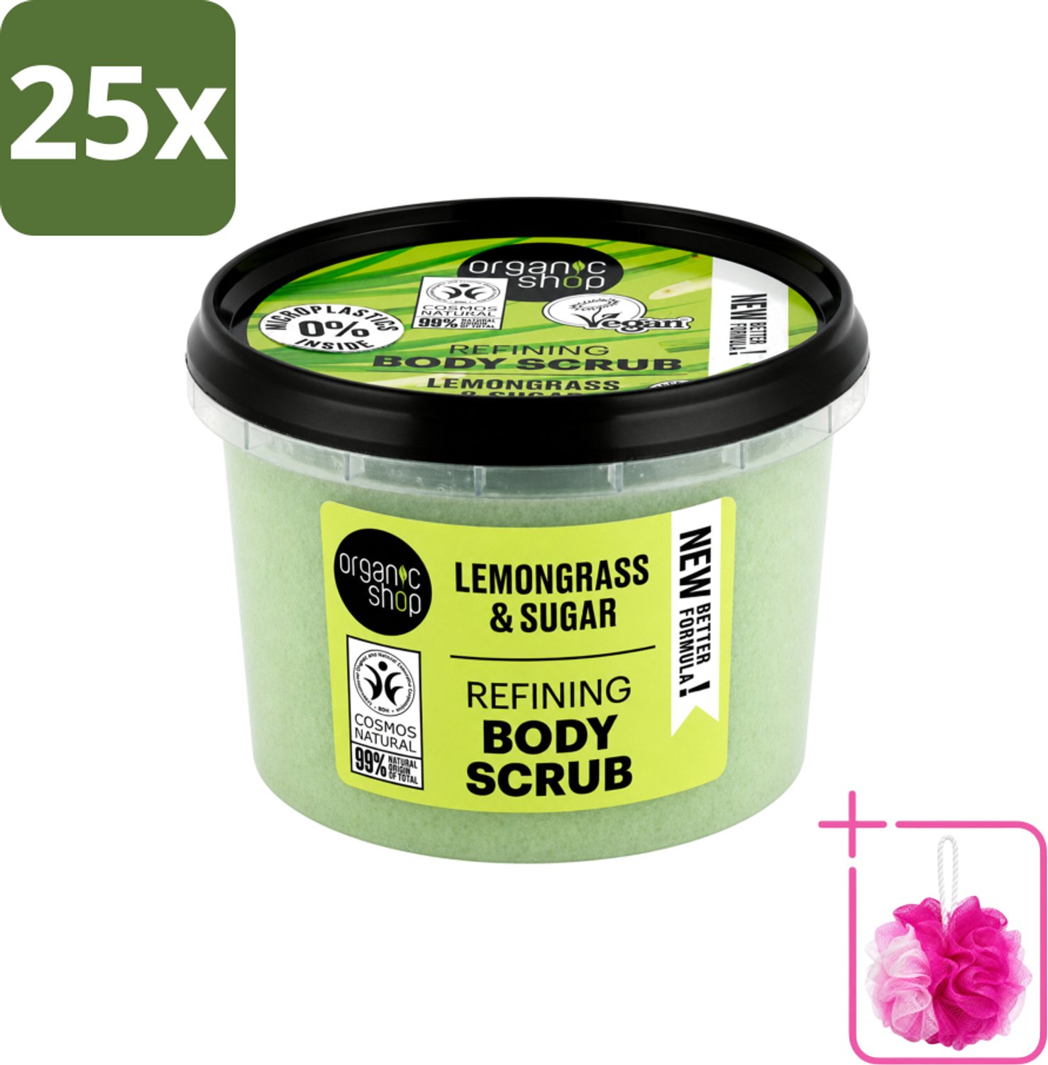 25 x Organic Shop - Body Scrub Lemongrass - Verfrissend en Verzorgend - 250 ml - Bulkverpakking - Bodyscrub - Douchemop - Exfoliatie