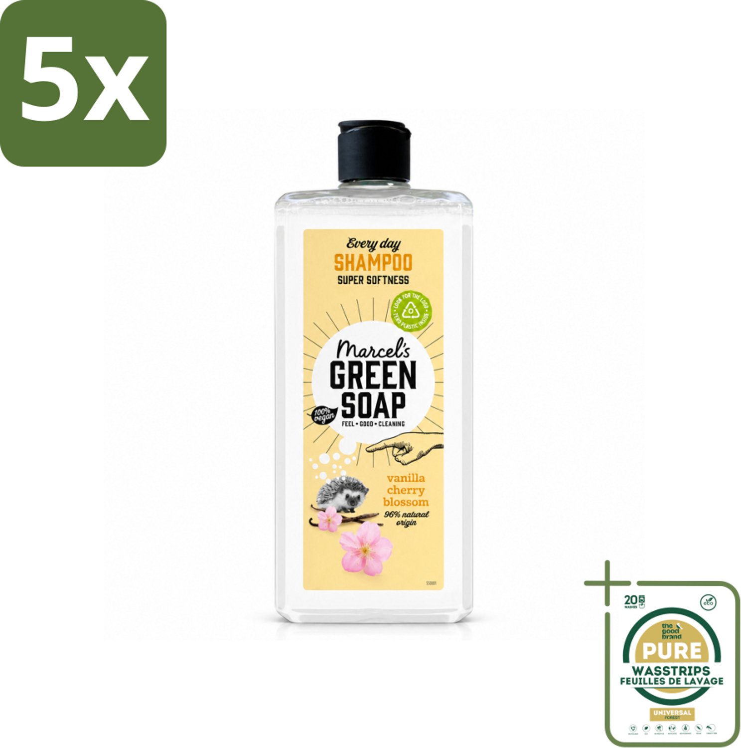 5 x Marcel's Green Soap - Every Day Shampoo - Vanilla & Cherry Blossom - Versterkt & verzorgt - 300 ml - Wasstrips - Shampoo Voor Haar - Dagelijks Shampoo - Natuurlijke Shampoo - Vegan Shampoo - Shampoo Voor Vet Haar