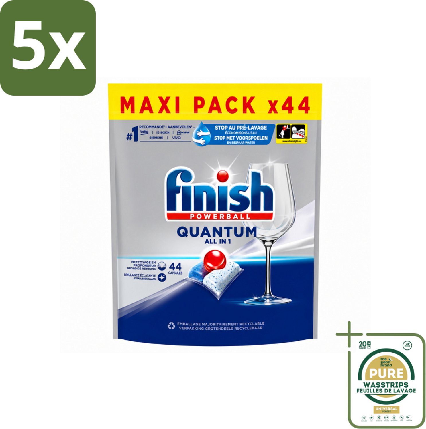 5 x Finish - Vaatwasmiddel - Quantum All in One Regular - Alles-in-1 Kracht - 44 capsules - Wasstrips - Vaatwasmiddel - Reinigingscapsule - Quantum - Alles-in-1 - Glans