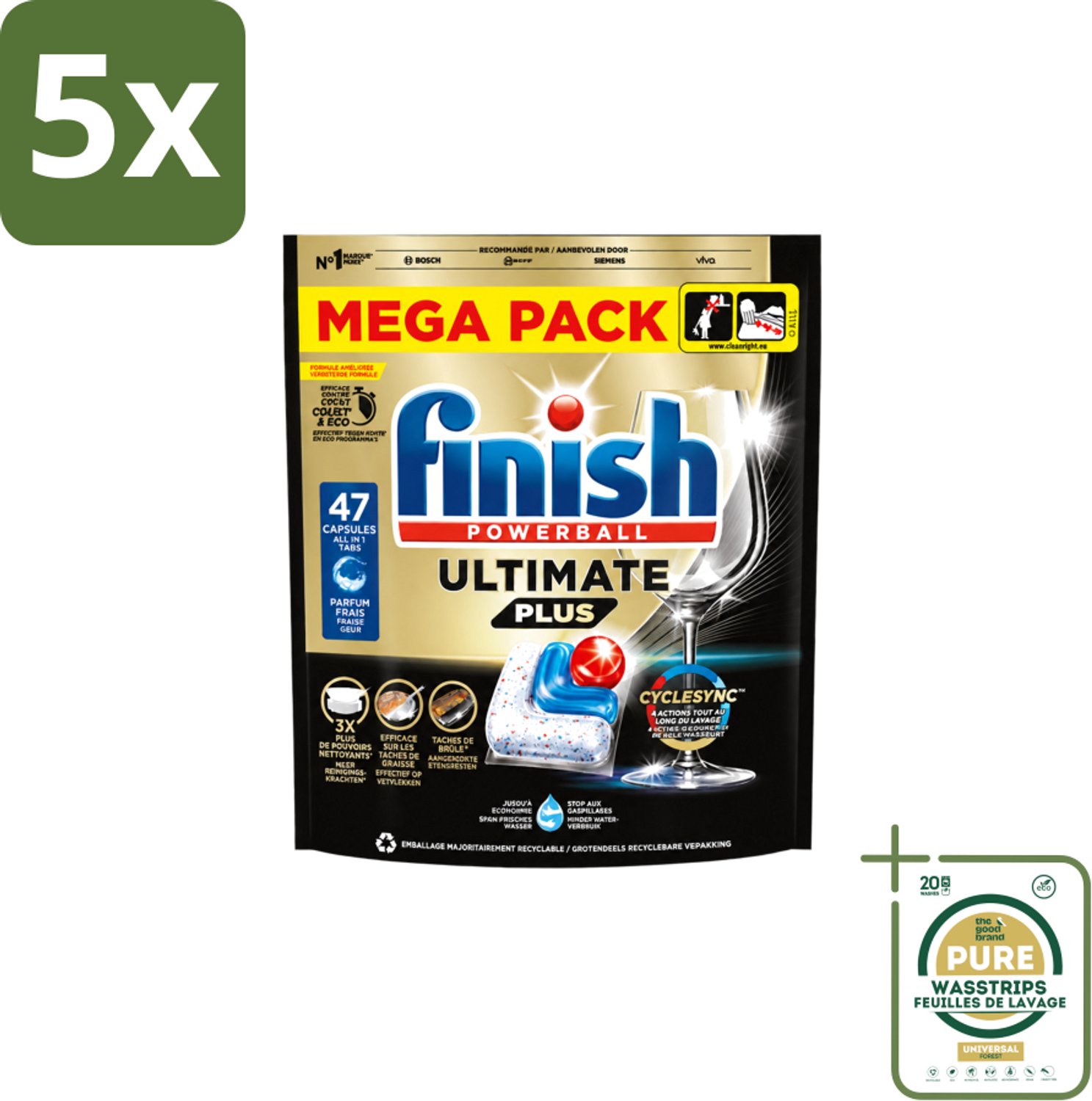 5 x Finish - Vaatwasmiddel - Ultimate Plus All in One Regular - Krachtige Alles-in-1 Reiniging - 47 capsules - Wasstrips - Vaatwasmiddel - Reinigingscapsule - Vaatwasser - Glans - Aangekooken Etensresten