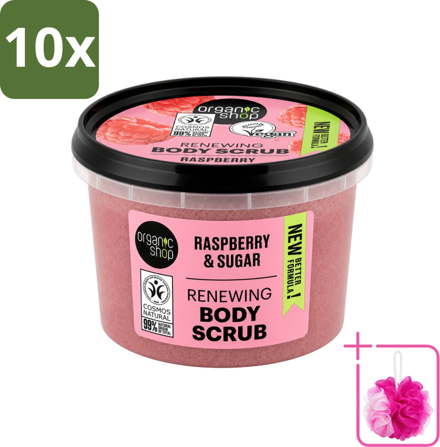 10 x Organic Shop - Organic Raspberry & Sugar Body Scrub - Verfrissend en Peeling - 250 ml - Bulkverpakking - Biologische bodyscrub - Douchemop - Framboos scrub