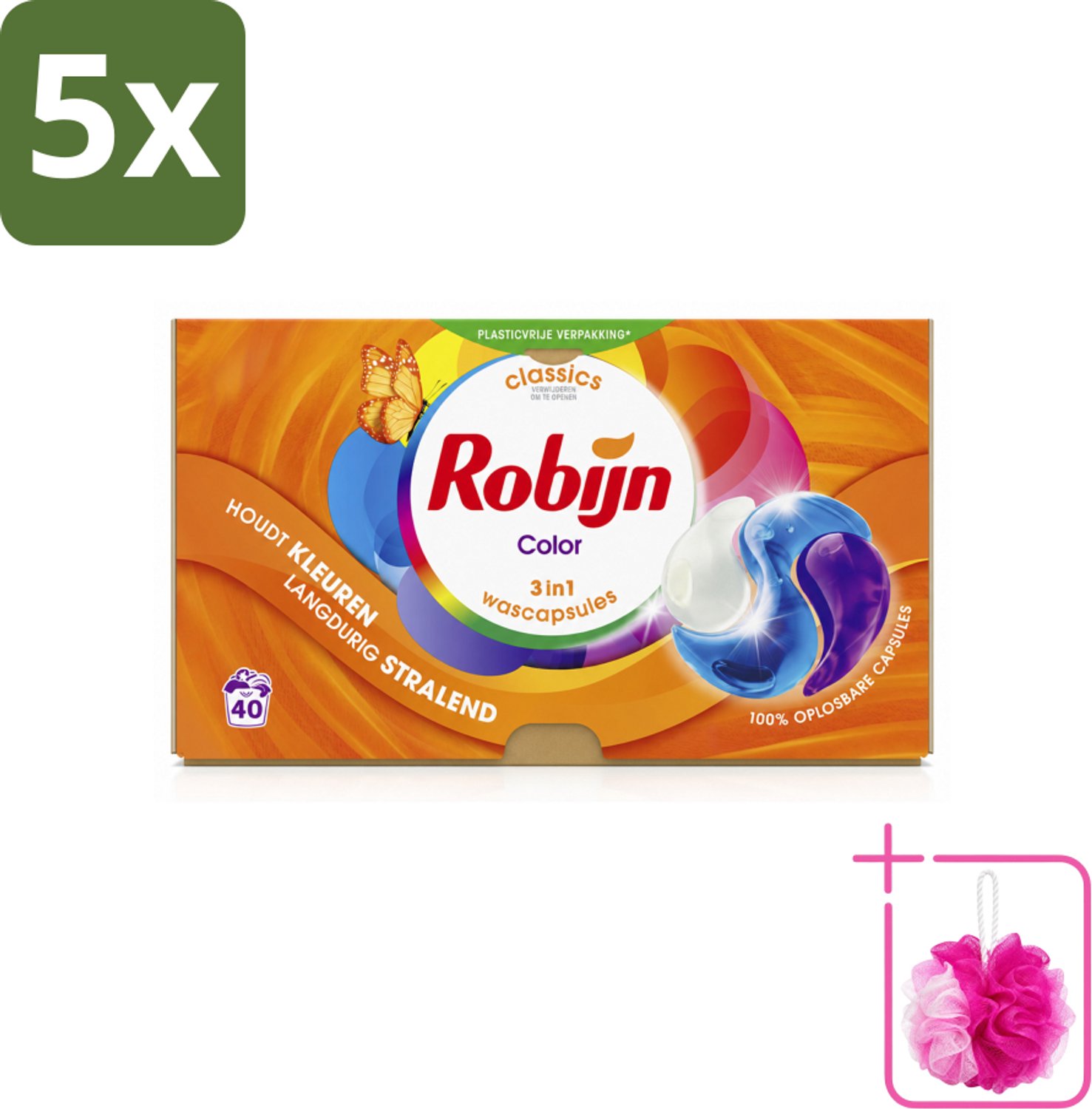 5 x Robijn - 3-in-1 Color - Wascapsules - 40 Wasbeurten - Bulkverpakking - Wascapsules - Douchemop - Kleur