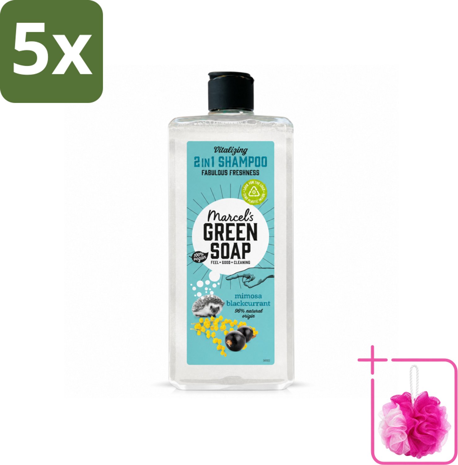 5 x Marcel's Green Soap - Shampoo & Conditioner 2-in-1 - Mimosa & Black Currant - Verzorging in één - 300 ml - Bulkverpakking - Haarverzorging - Douchemop - Natuurlijke shampoo