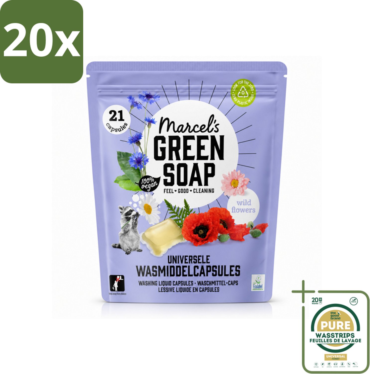 20 x Marcel's Green Soap - Wascapsules - Wilde Bloemen - Gemak in één dosis - 21 Capsules - Wasstrips - Wasmiddel - Wascapsules - Wilde Bloemen - Natuurlijke Geur - Vegan Wasmiddel