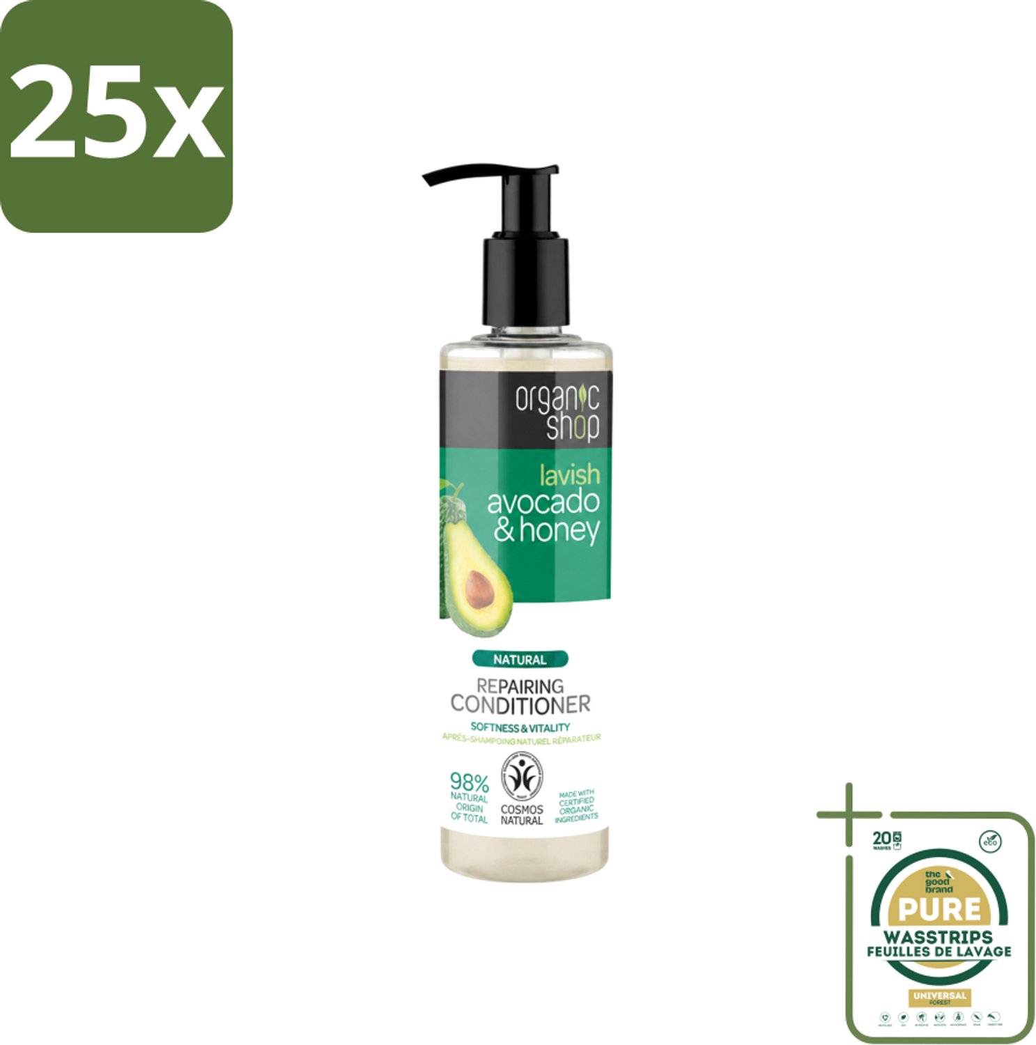 25 x Organic Shop - Natural Repairing Conditioner - Avocado & Honey - 280 ml - Wasstrips - Herstel Haar - Voeding Haar - Beschadigd Haar - Natuurlijke Conditioner - Avocado En Honing