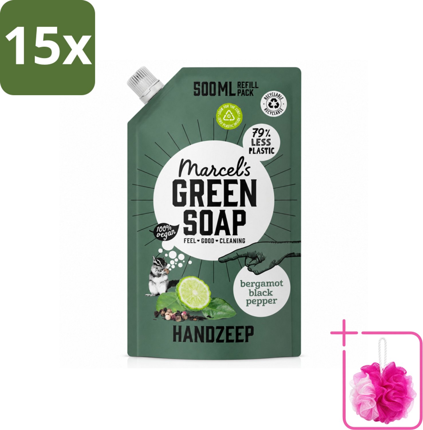 15 x Marcel's Green Soap - Handzeep - Bergamot & Black Pepper - Natuurlijke verzorging - 500 ml - Bulkverpakking - Handzeep navulling - Douchemop - Biologisch afbreekbaar