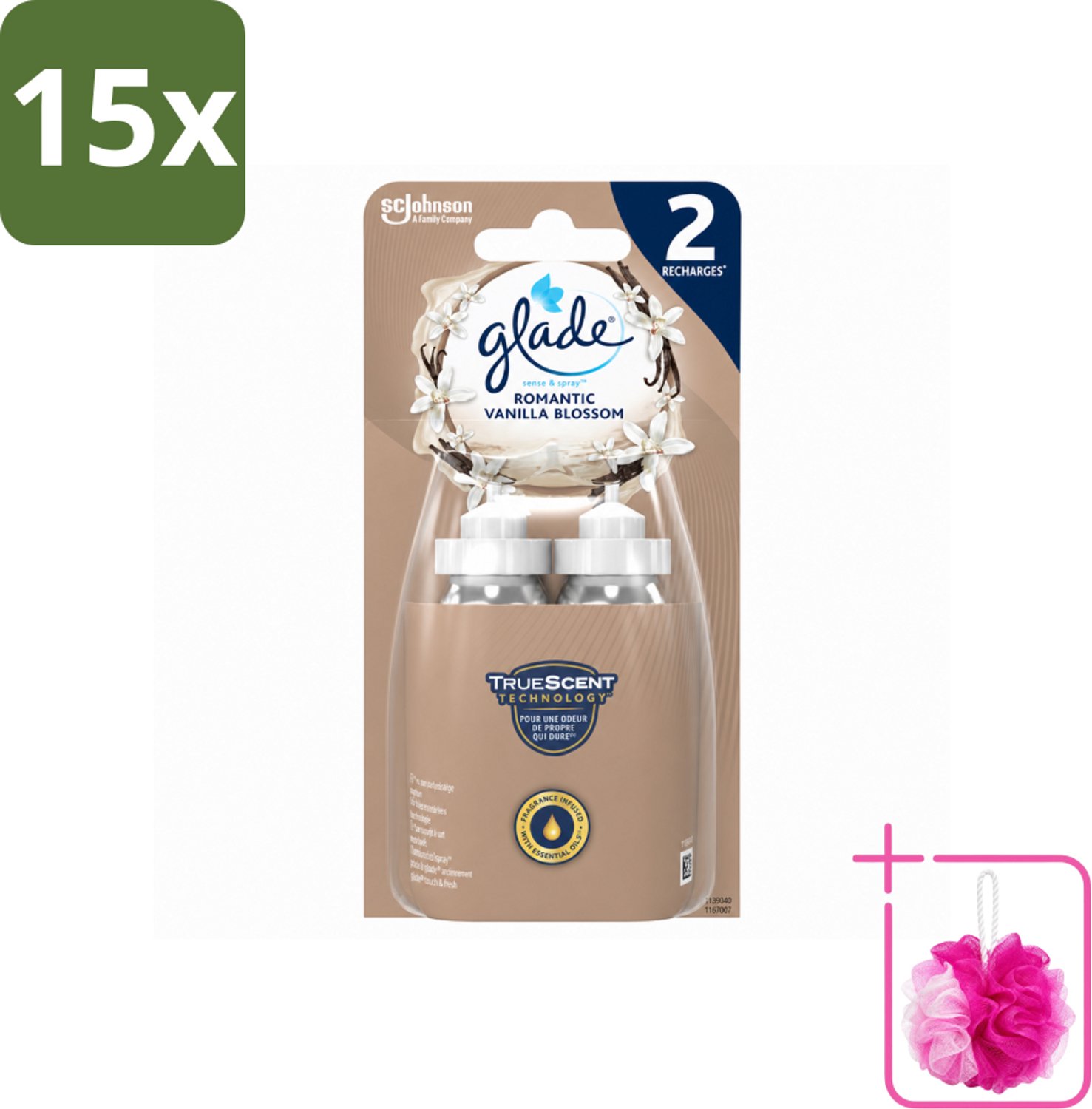 15 x Glade - Sense & Spray - Romantic Vanillebloesem - 2 × 18 ml - Bulkverpakking - Romantische geur - Douchemop - Geurverspreiding