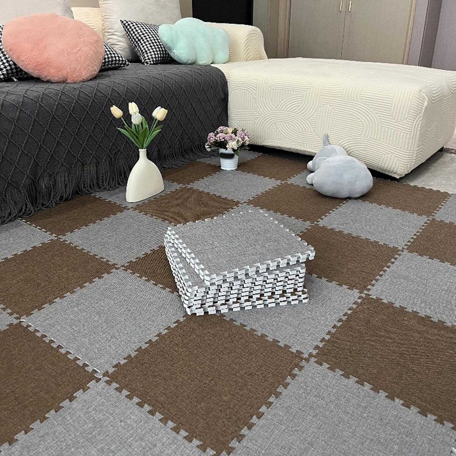 Puzzel Tapijttegels, In Elkaar Grijpende Puzzel Vloermat Tegels, Speelmat Voor Woonkamer, 30X30 Cm (Koffie + Donkergrijs 0,39 Inch)
