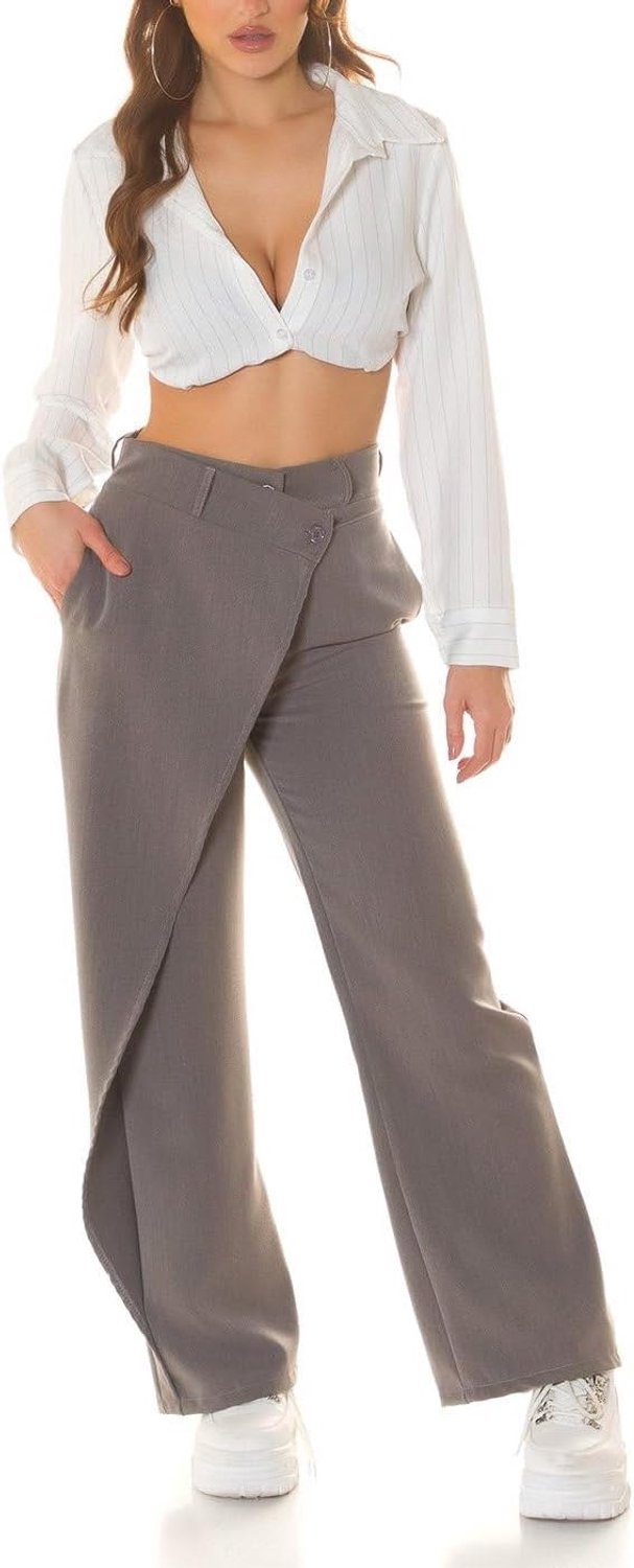 Broek met hoge taille, bootcut, wijde pijpen met asymmetrisch accent