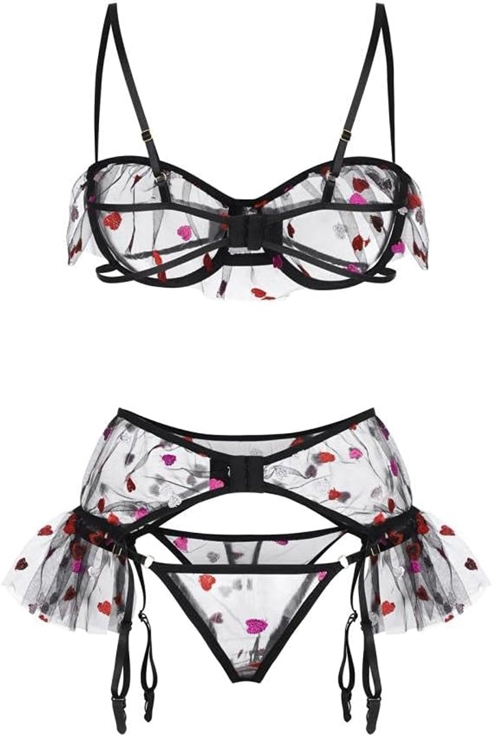 Sets met nachtmode & ochtendjas 3PC Sexy Ondergoed Liefde Borduurwerk Nachtkleding Perspectief Jarretellegordel Dames set-black_3XL