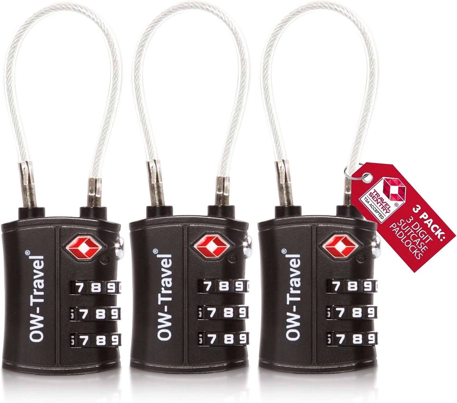 3x TSA Cijferslot Koffer Kabel - Zwart