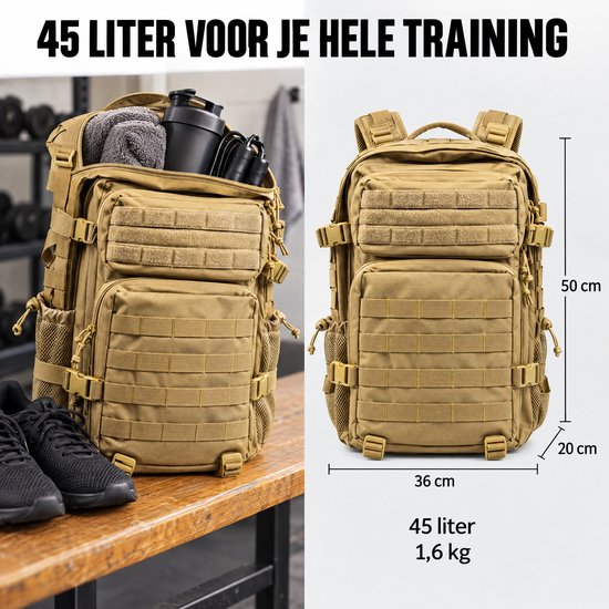 Open kakikleurige rugzak met trainingsspullen en afmetingen van 50x36x20 cm, inhoud 45 liter, gewicht 1,6 kg.