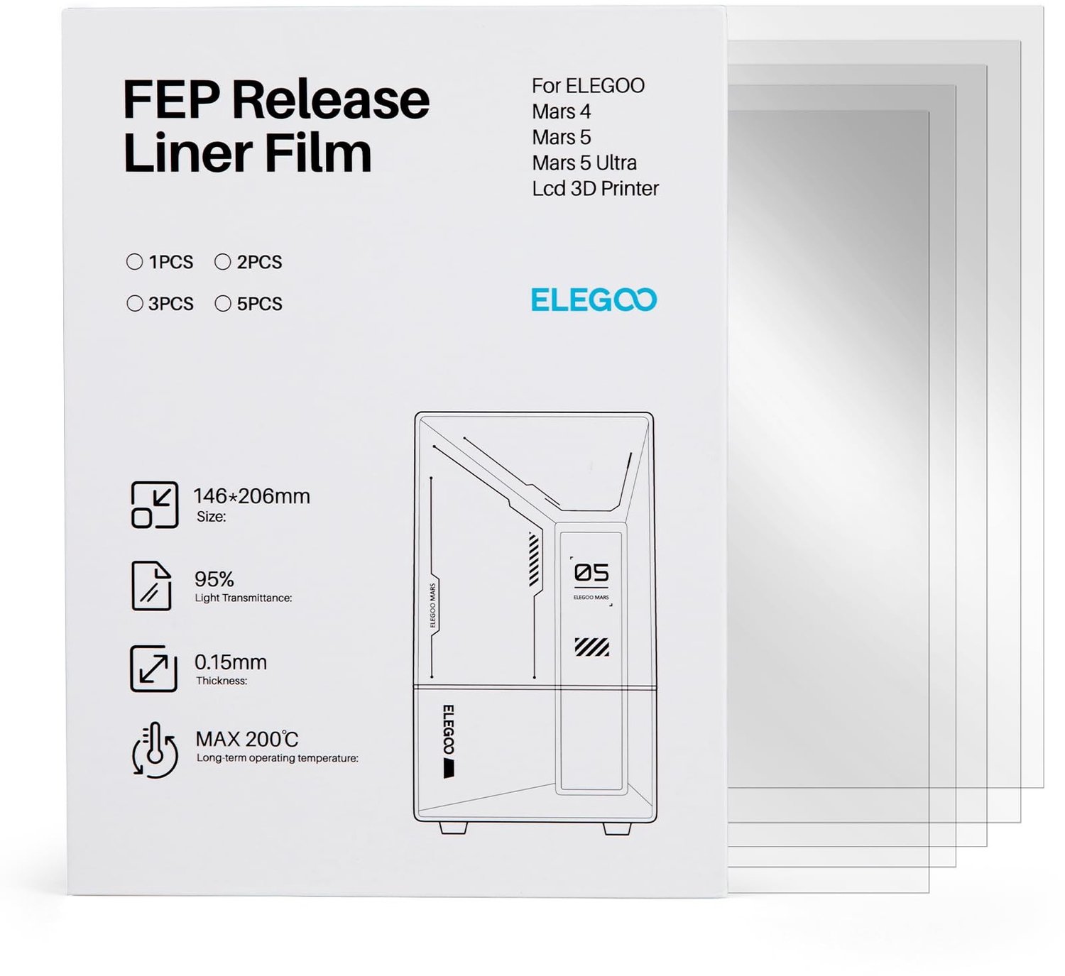 FEP Afstandsfilm voor LCD 3D Printers, 5 Stuks