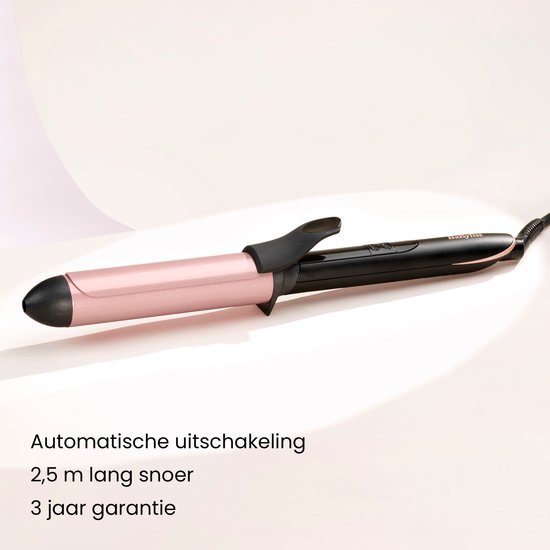 Zwarte krultang met rose-gouden cilinder, automatische uitschakeling, 2,5m snoer en 3 jaar garantie.