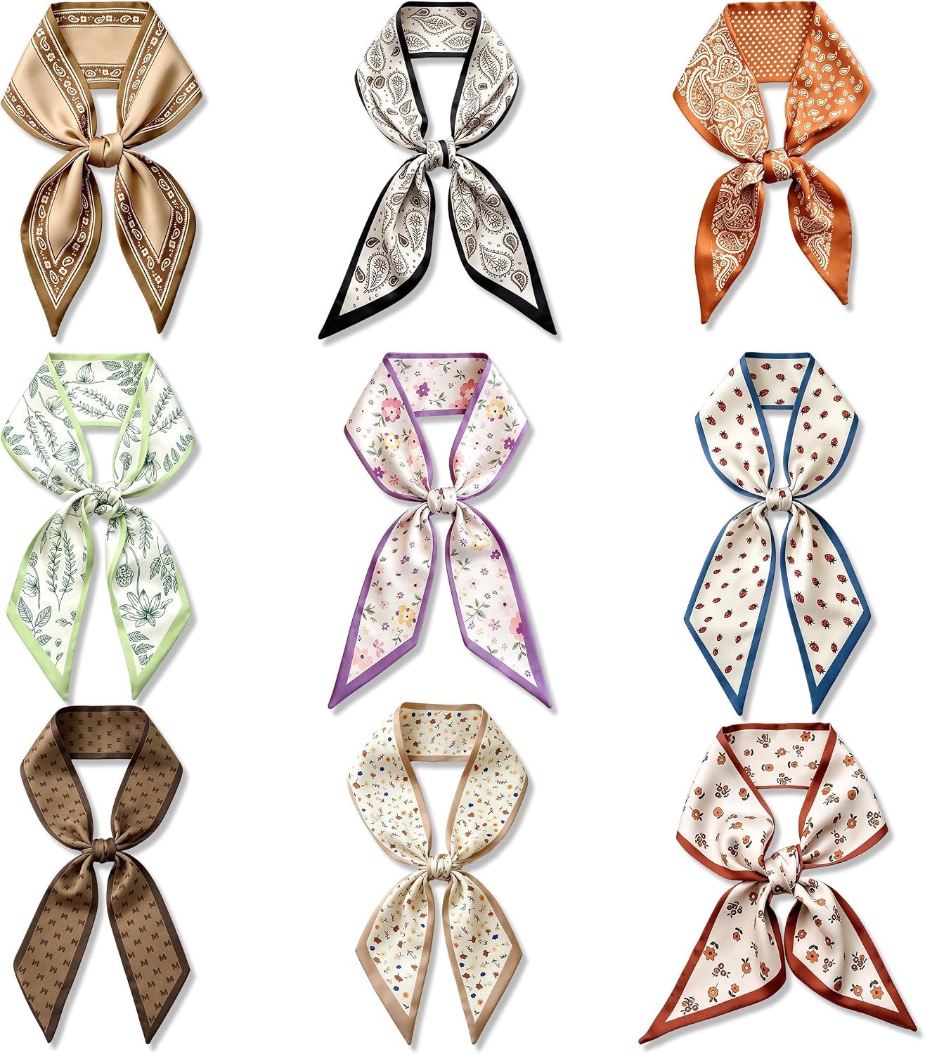 Set van 9 Stuks met de Look van een Zijden Sjaal, Meerkleurige Satijnen Sjaal, Lange Smalle Haardoek van Polyester met Glans en Boho-Patronen voor Haar Hals Pols Tas en Styling