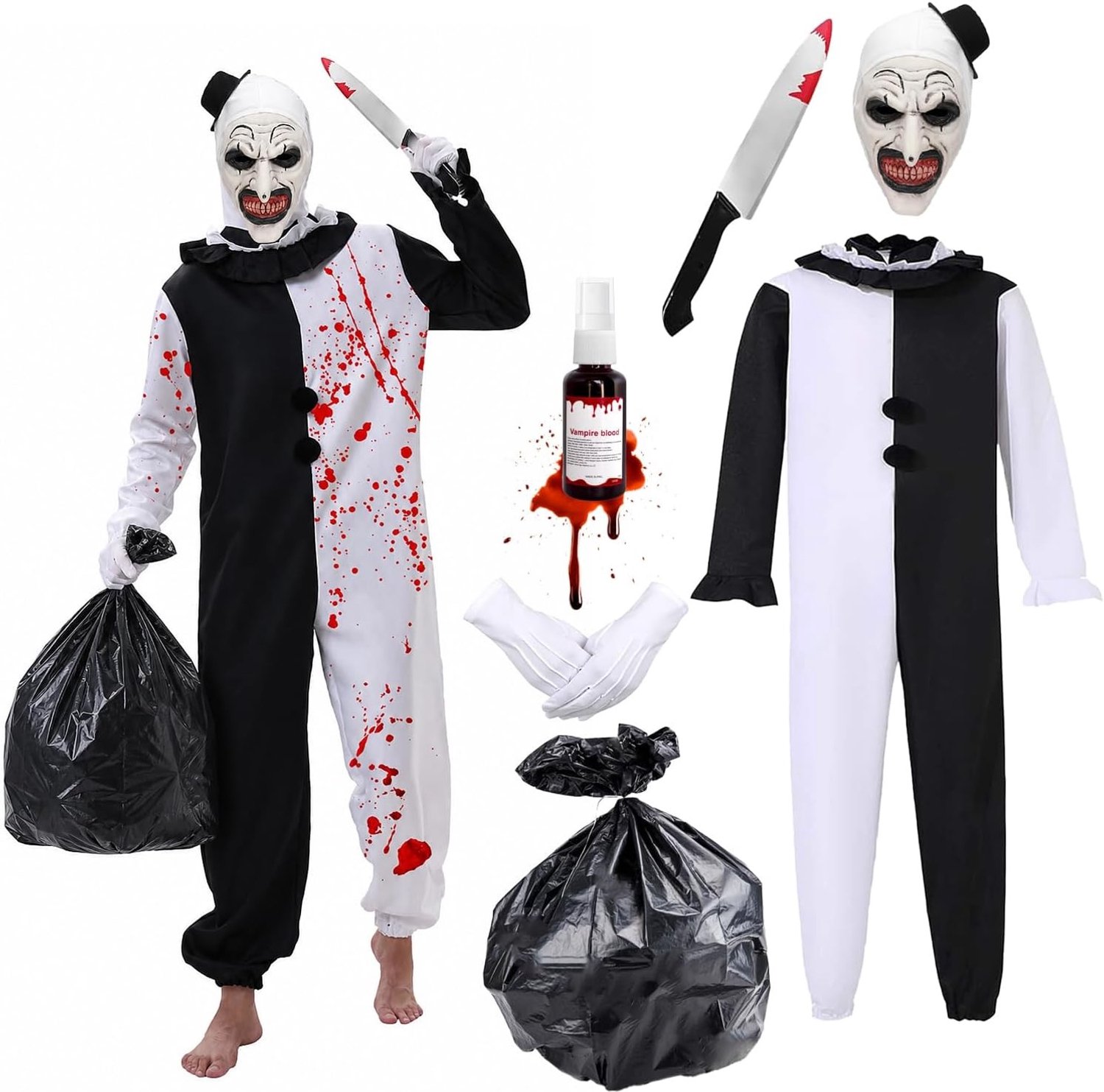 Halloween Kostuum voor Mannen - Clown Jumpsuit Set met Bloedmeter, Handschoenen en Masker voor Halloween en Carnaval