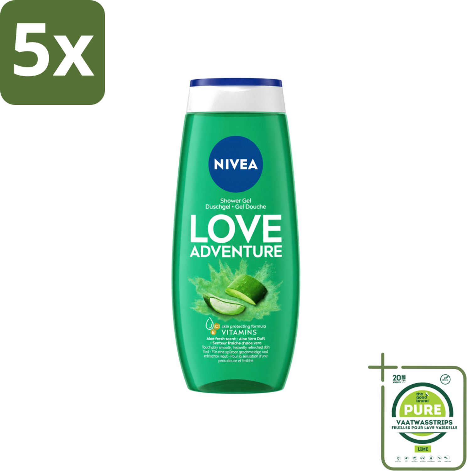 5 x Nivea - Love Adventure Douchegel - Huidbeschermend - 250 ml - Grootverpakking - Vaatwasstrips - Douchegel - Verfrissend - Huidbeschermend - Vitamine C - Vitamine E
