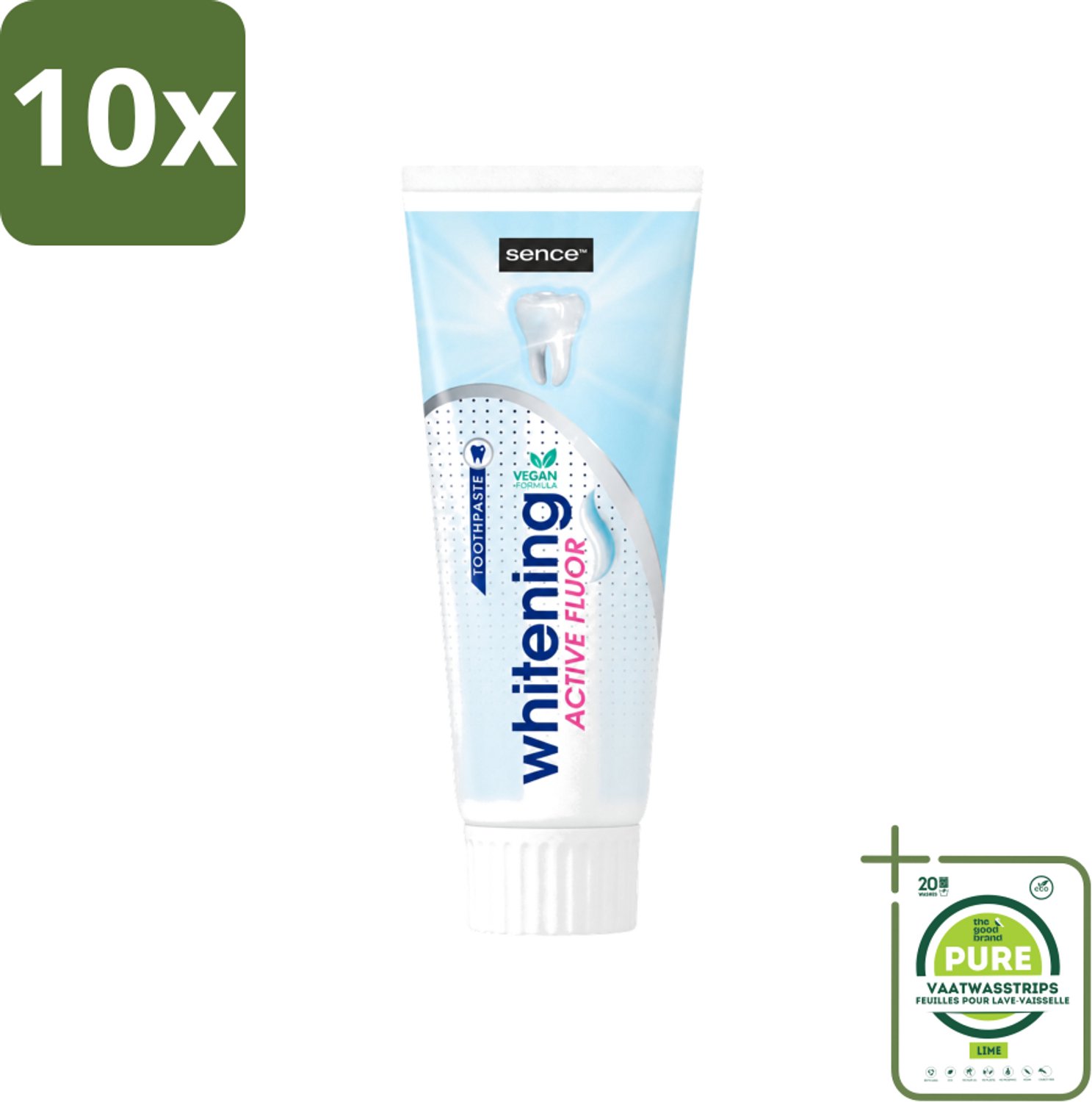 10 x Sence - Whitening - Tandpasta - Met Fluor - 75 ml - Grootverpakking - Vaatwasstrips - Witte Tanden - Tandpasta - Fluoride - Tanden Verzorgen - Mintsmaak