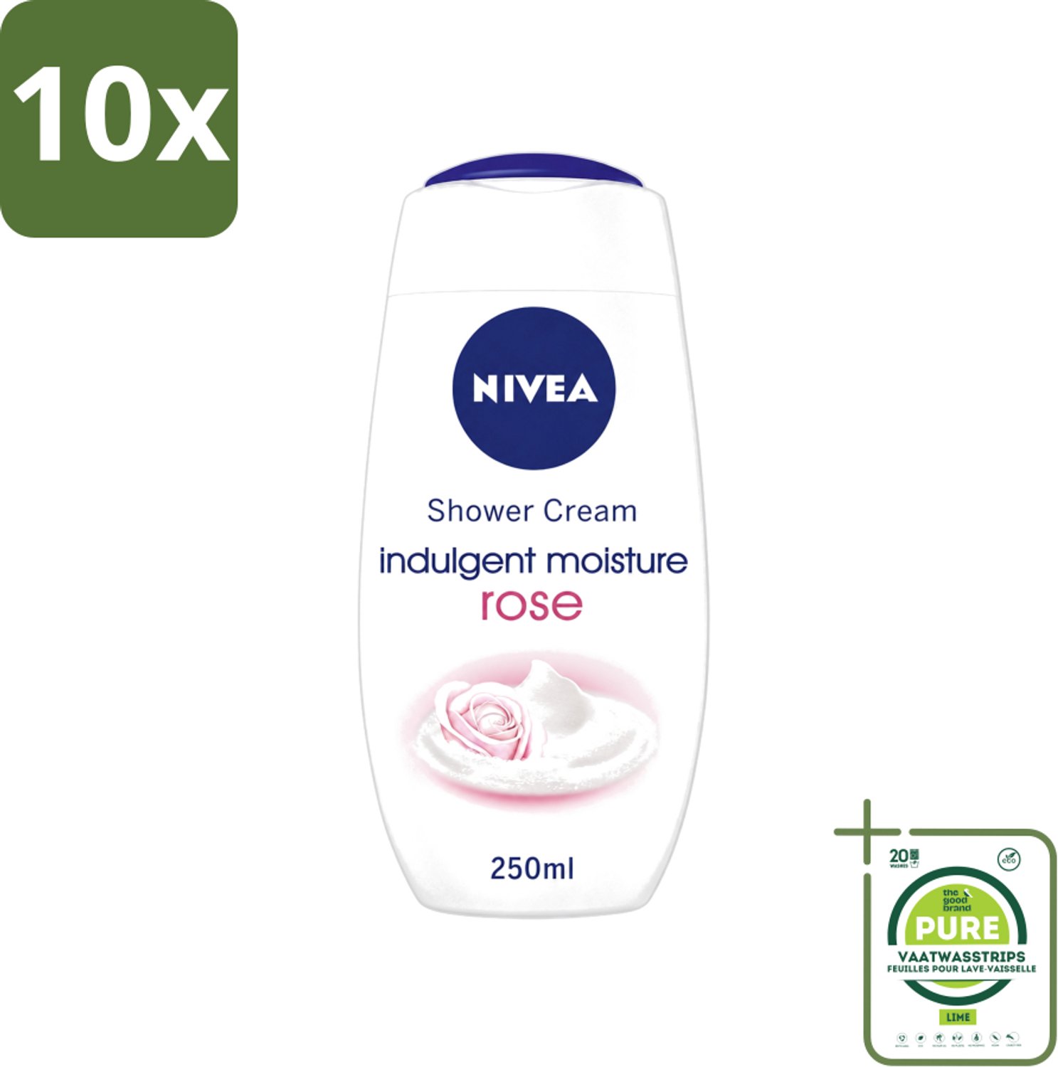 10 x Nivea - Shower Indulgent Moisture Rose Douchecrème - 250 ml - Grootverpakking - Vaatwasstrips - Douchecrème - Hydraterende Douchecrème - Amandelmelk - Rozengeur - Zachte Huid