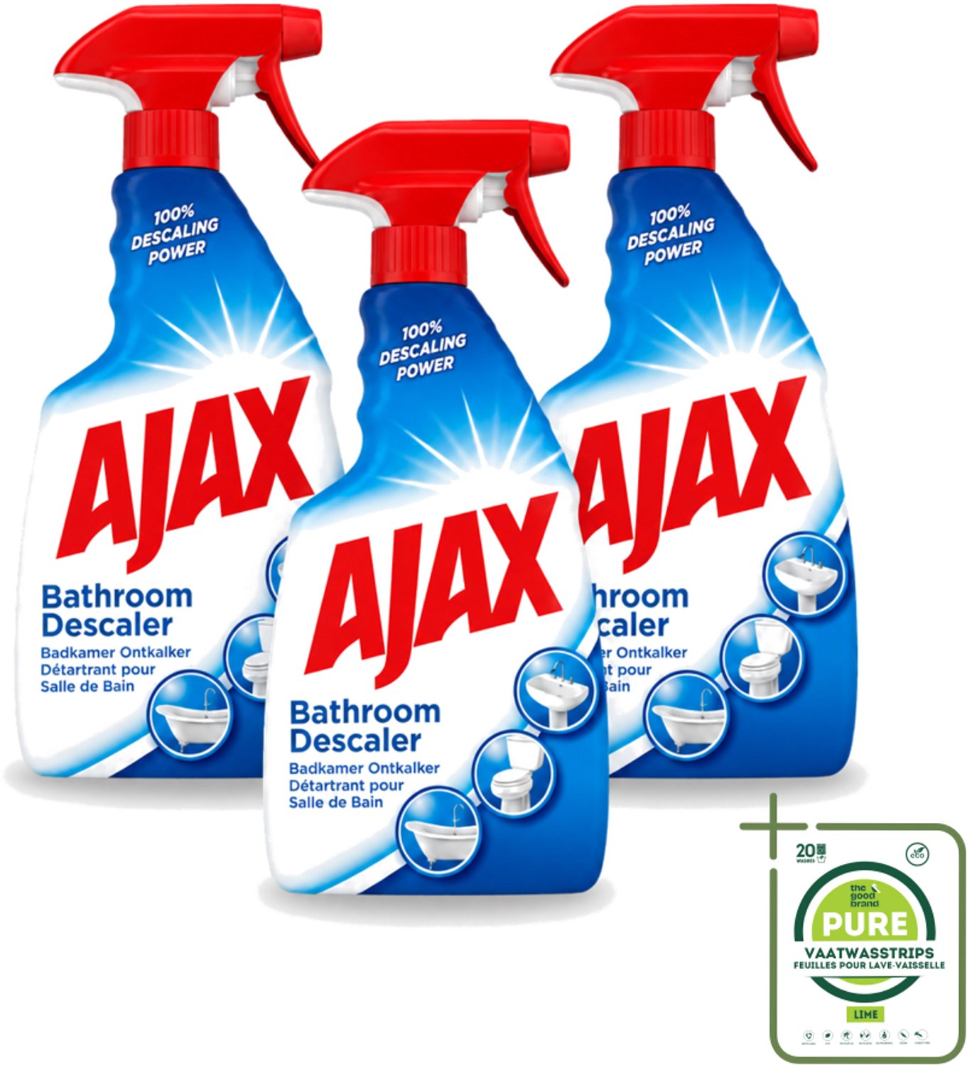 3 x Ajax - Badkamer Ontkalker Spray - Verwijdert Hardnekkig Kalk - 750 ml - Grootverpakking - Vaatwasstrips - Badkamer Ontkalker - Ontkalker Spray - Hardnekkig Vet Verwijderen - Kalkaanslag Voorkomen - Badkamer Reinigen