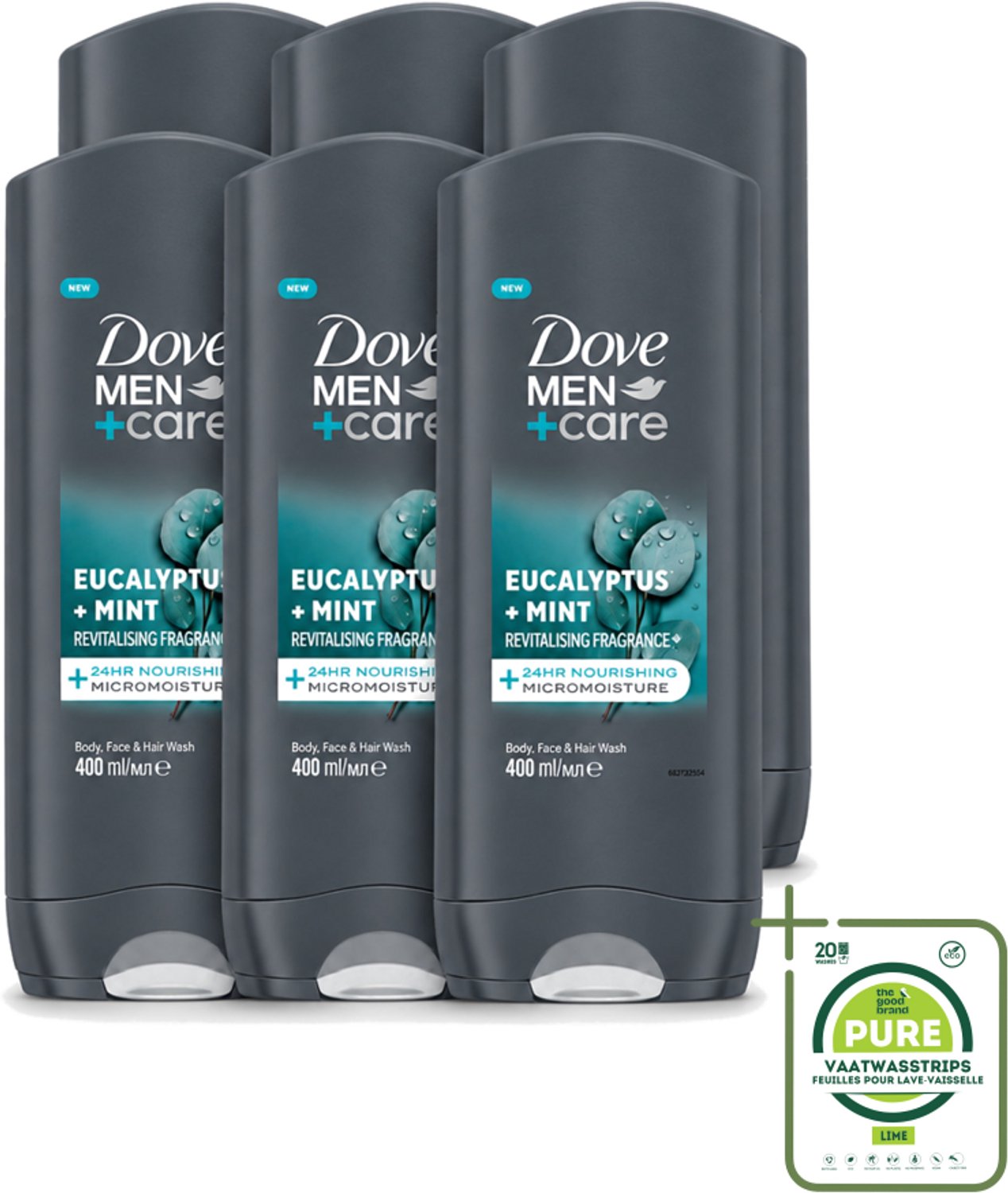 6 x Dove - Douchegel - Men+ Care Eucalyptus + Mint - Verfrissend en kalmerend - 400 ml - Grootverpakking - Vaatwasstrips - Douchegel Voor Mannen - Eucalyptus En Munt - Hydratatie Huid - Verzorging Voor Mannen - 3-in-1 Douchegel